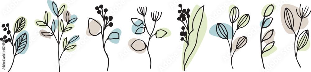 Obraz premium シンプルな草木のベクターイラスト。草木の線画イラストセット。植物のイラストセット。Simple vector illustration of grass and trees. Line drawing illustration set of plants and trees. Illustration set of plants.