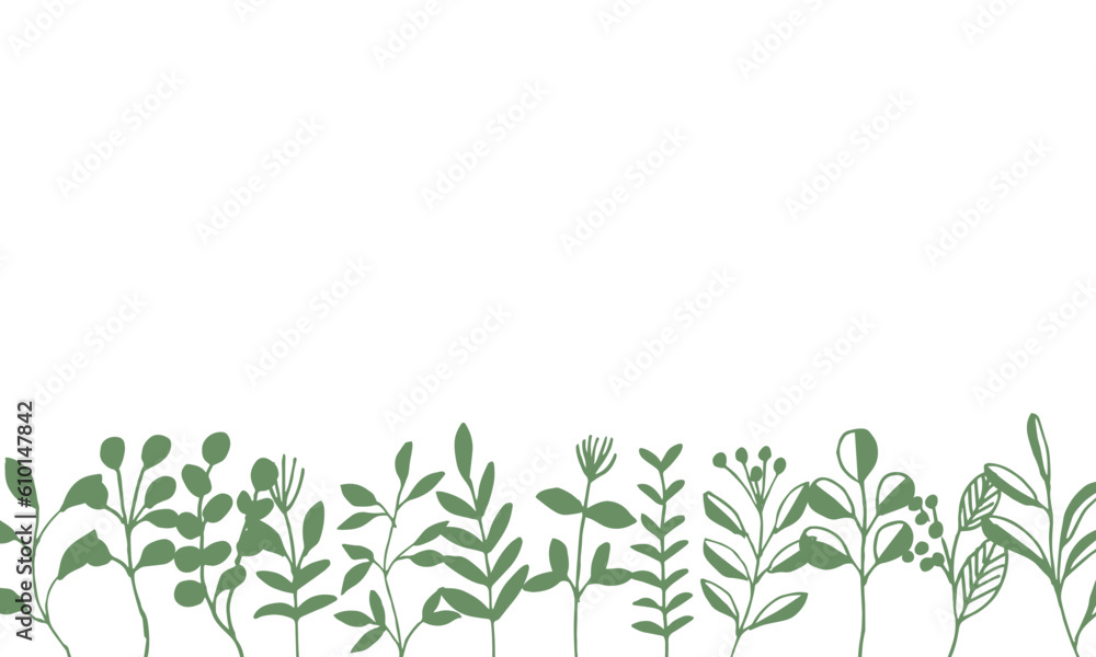 Obraz premium シンプルな草木のベクターイラスト。草木の線画イラストセット。植物のイラストセット。Simple vector illustration of grass and trees. Line drawing illustration set of plants and trees. Illustration set of plants.