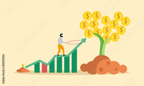 Start invest in stock market, begin savings to achieve financial goal, power of compound interest, collecting wealth. vector illustration