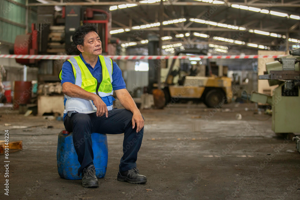 Senior male Industrial factory workers are exhausted and stressed from hard work. Senior man Feeling tired from work. Unhappy, discouraged, hopeless.