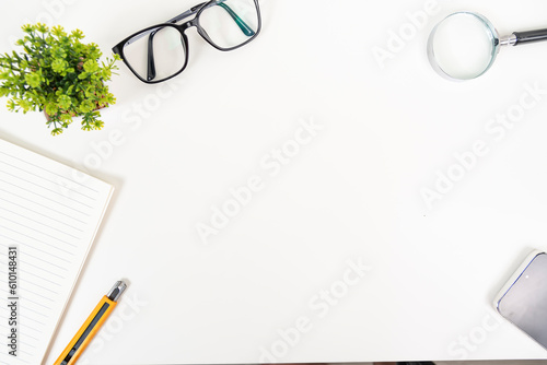 white office desk table Top view with copy space. Flat lay.
