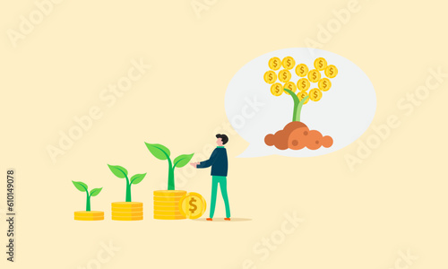 Start invest in stock market, begin savings to achieve financial goal, power of compound interest, collecting wealth. vector illustration