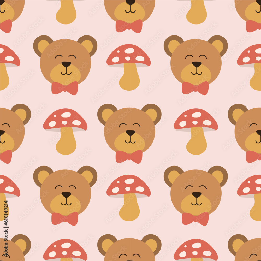 cute bear head seamless pattern and mushroom cartoon vector illustration cute bear head seamless pattern and mushroom cartoon vector illustration
