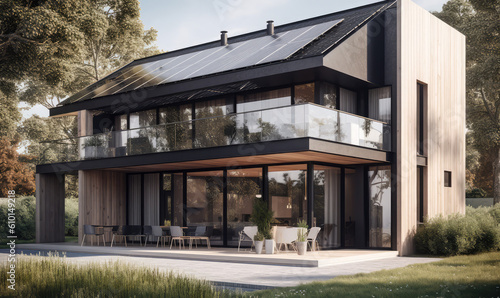 a modern house that has its own solar panels on the roof, generative AI © Kien