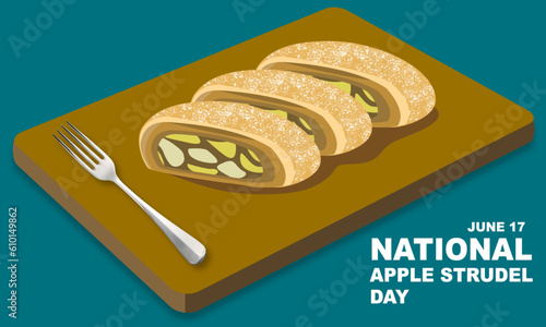 3 slices of apple strudel placed on a wooden plate and a fork. Apple Strudel is Viennese dessert made from dough sheets, apples, sugar and an assortment of spices. celebrating National Apple Strudel 
