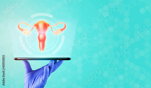 The doctor's hand with a tablet, shows the female uterus. Female reproductive health concept. PCOS, gynecological cancer, cervical cancer. heavenly background. photo