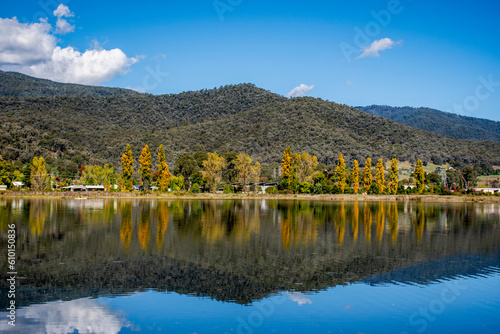 Beautiful Pondage and reflections at Mount Beauty, Victoria, Australia in autumn. The Mount Beauty Regulating Pondage is part of the Kiewa Hydroelectric Scheme and popular travel destination