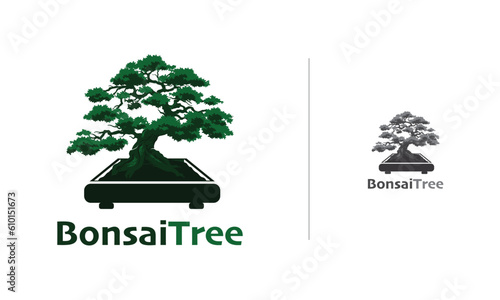 Bonsai logo vector with a silhouette and retro style