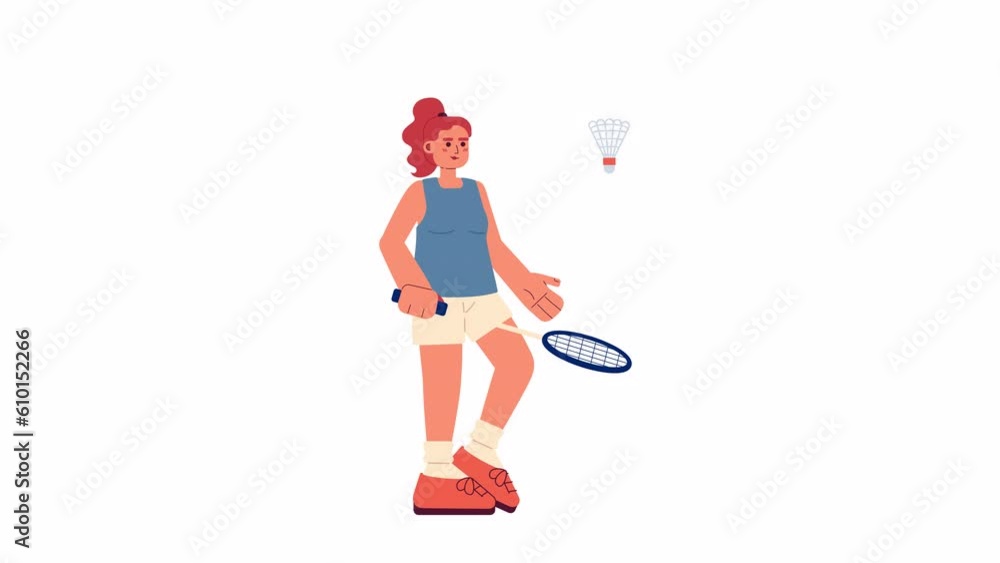 Animated badminton player. Female athlete hitting shuttlecock isolated 2D animation. Sports woman. Cartoon flat character 4K video footage, white background, alpha channel transparency for web design Animated badminton player. Female athlete hitting shuttlecock isolated 2D animation. Sports woman. Cartoon flat character 4K video footage, white background, alpha channel transparency for web design
