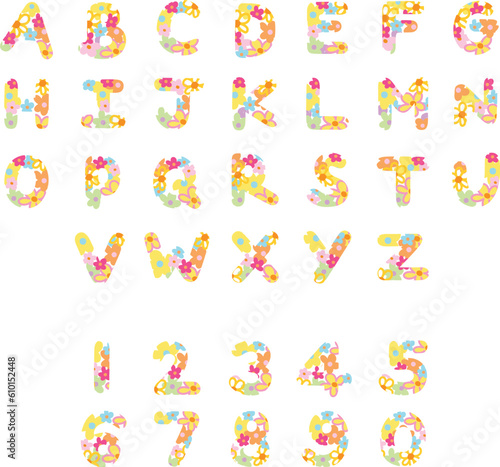 Vector illustration of A to Z alphabet letters and numbers in flower pattern for font, typography, calligraphy, initials, names, floral print, campaign badge, logo design, education book, stickers