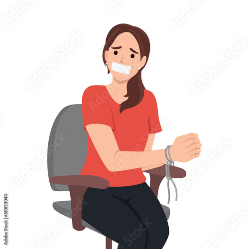 Woman hostage with bound hands sits in chair after being kidnapped or attacked by criminals. Girl with sealed mouth became hostage during attack by robbers on company office or bank branch.Flat vector