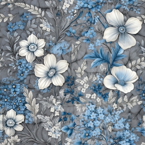 Beautiful blue flowers on a gray Seamless Pattern background. Generative AI