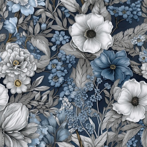 Fototapeta Naklejka Na Ścianę i Meble -  Beautiful blue flowers on a gray Seamless Pattern background. Generative AI