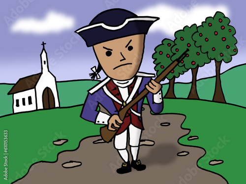 A cartoon minuteman stands guard over a road in Revolutionary America.  photo