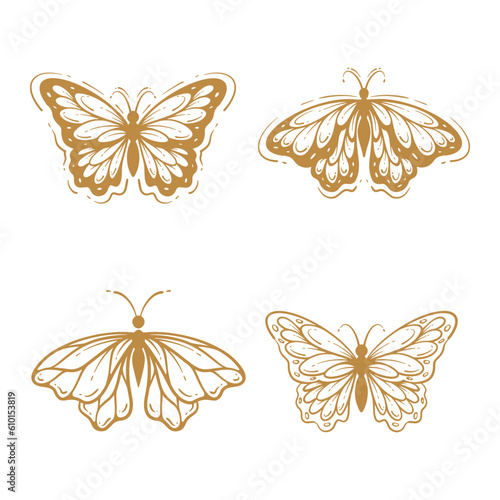 Set of butterfly line art clipart, outline hand drawn aesthetic butterfly illustration collection