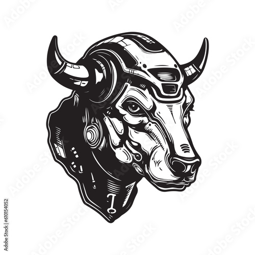 futuristic cow soldier, vintage logo line art concept black and white color, hand drawn illustration