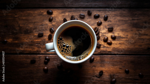 hot coffee in coffee cups on dark background,top view closeup,Generative AI