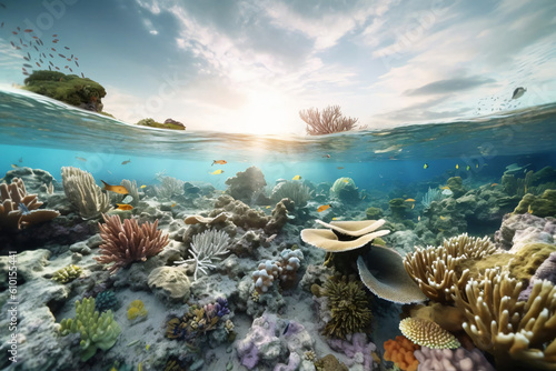 Fototapeta Naklejka Na Ścianę i Meble -  Underwater view of coral reef with lifeless tropical fish, the effect from climate change.
