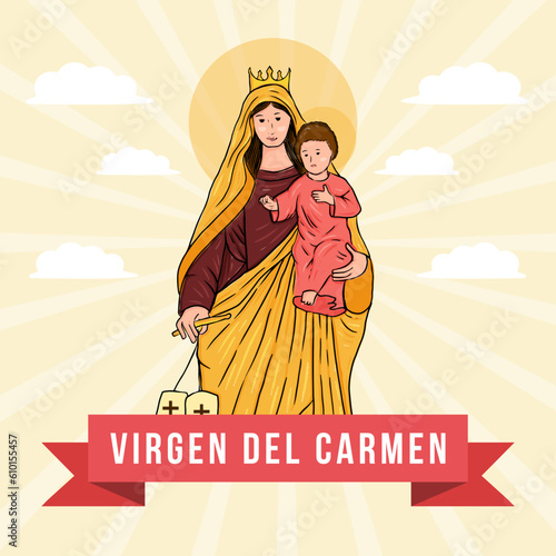 virgen del carmen hand drawn illustration in flat design style