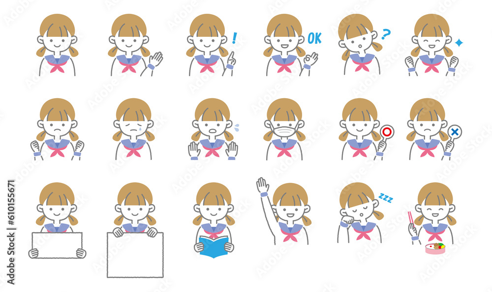 女子学生の1日表情いイラストセット1 女子学生の1日表情いイラストセット1