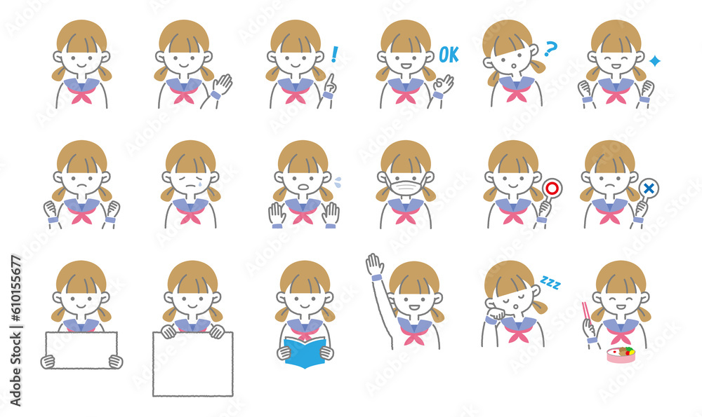 女子学生の1日表情いイラストセット1 女子学生の1日表情いイラストセット1