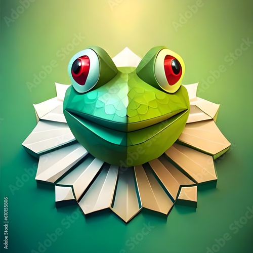 cute green frog with stylized polygon shape isolated on blurred background. Green frog in the form of folded paper. Generative AI
