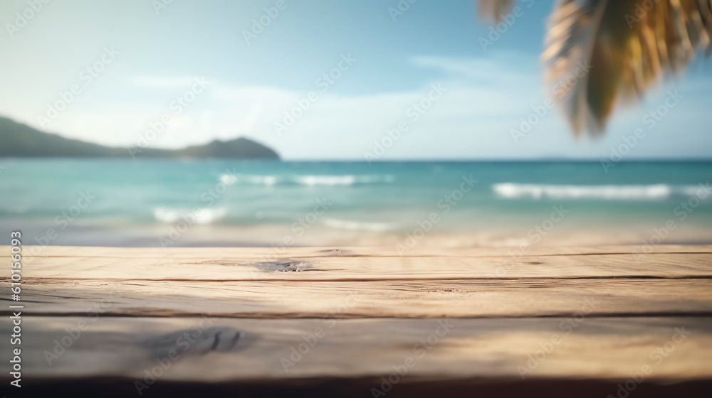wooden table in beach blur background mockup ai generative