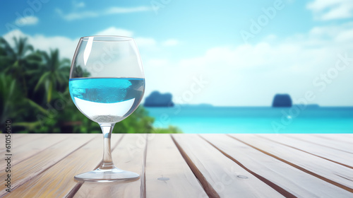 a glass of cocktail on the table with blur ocean background ai generative