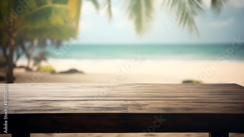 empty wood table mockup with blur beach background ai generative