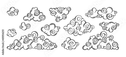 Chinese clouds in curly style. Engraved asian clouds for festive designs. Vector illustration isolated in white background