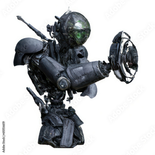 AI Generated futuristic robot of war holding strange weapon centered of white background.