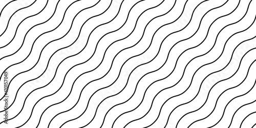 Wavy lines seamless pattern. Undulate stripes repeating background. Black and white diagonal waves texture. Bent and curved linear wallpaper. Textile and fabric swatch design template. Vector