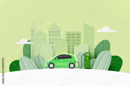 Green electric car charging at the charger station on the street with green city skyline in the background. Sustainable energy and Alternative Energy concept, Vector illustration.