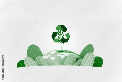 Recycle concept with green plant and recycle symbol on earth background. Ecology and Environment conservation resource sustainable.Vector illustration.
