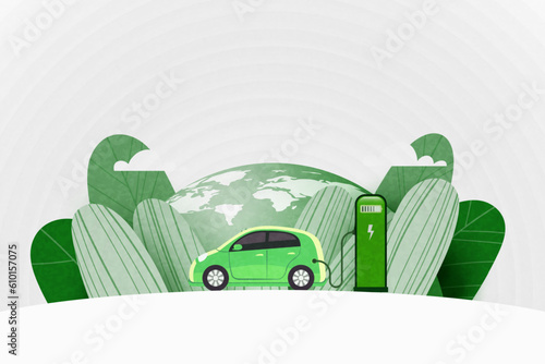 Green electric car charging at the charger station on the street with green earth  in the background. Sustainable energy and Alternative Energy concept, Vector illustration.