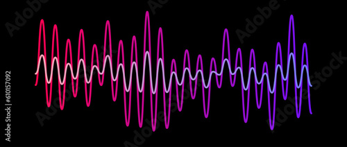 Purple red gradient overlapping sound waves. Two sinusoid lines with different amplitudes. Voice or music audio samples. Electronic radio signal graphics on dark background. Vector
