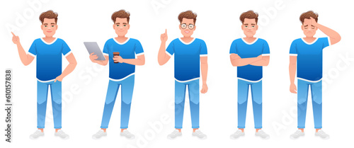 The guy is standing with a tablet and a glass of coffee in his hands, pointing at something, sad, dissatisfied, wearing glasses.