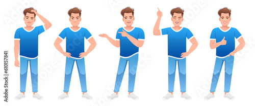 The guy is standing thinking about something, pointing at something, dissatisfied, showing a like.