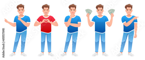 A young caucasian boy in a blue t-shirt and blue jeans stands in various poses. Man in full growth character set.