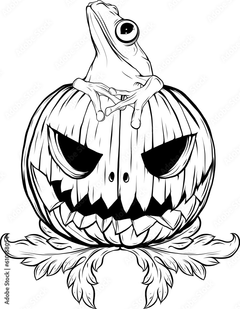 Vector illustration of monochrome Halloween pumpkin with frog sitting Vector illustration of monochrome Halloween pumpkin with frog sitting
