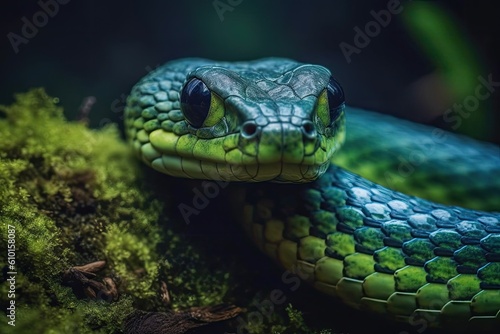 green snake resting on a tree branch in the wild Generative AI