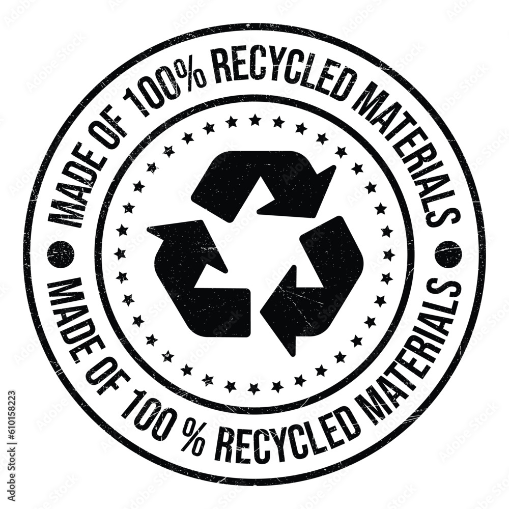 Made Of 100 Percent Recycled Materials Badge, Stamp, Logo, Emblem, Recycling Vector Icon, Recyclable Products, Packaging Design Elements, Plastic Bag, Bottle, Vector Illustration, Grunge Texture Made Of 100 Percent Recycled Materials Badge, Stamp, Logo, Emblem, Recycling Vector Icon, Recyclable Products, Packaging Design Elements, Plastic Bag, Bottle, Vector Illustration, Grunge Texture