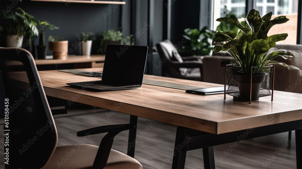 Obraz premium a roomy office and open space with two conference tables, wood walls, and a wooden desk, in the style of monochrome toning, photo-realistic landscapes, living materials, glazed surfaces, light silver 