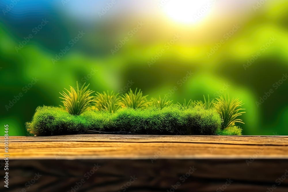 wooden table with a lush green grassy surface Generative AI wooden table with a lush green grassy surface Generative AI
