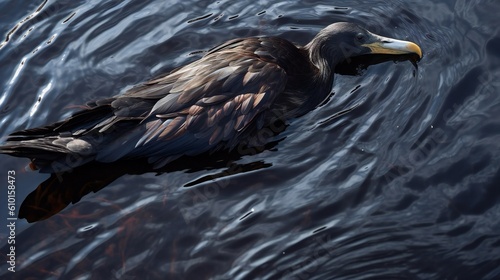 AI Generative. An aerial perspective of an oil spill, wherein the sheen takes on the shape of a macabre silhouette on the surface of the water.