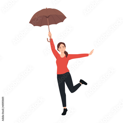 Young woman with an umbrella walks and jump happy. Flat vector illustration isolated on white background