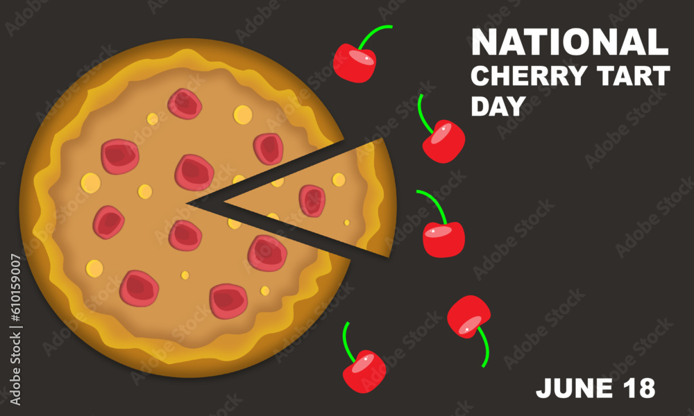 cherry tart with a slice and cherry fruit on a dark or black background and bold text commemorating National Cherry Tart Day on June 18
cherry tart with a slice and cherry fruit on a dark or black background and bold text commemorating National Cherry Tart Day on June 18