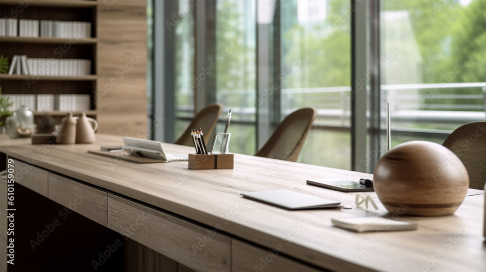 a roomy office and open space with two conference tables, wood walls, and a wooden desk, in the style of monochrome toning, photo-realistic landscapes, living materials, glazed surfaces, light silver a roomy office and open space with two conference tables, wood walls, and a wooden desk, in the style of monochrome toning, photo-realistic landscapes, living materials, glazed surfaces, light silver