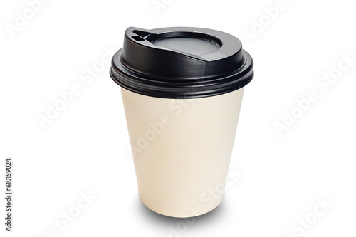 High angle view closeup of single smooth empty white paper coffee cup with black lid isolated on white background with clipping path.