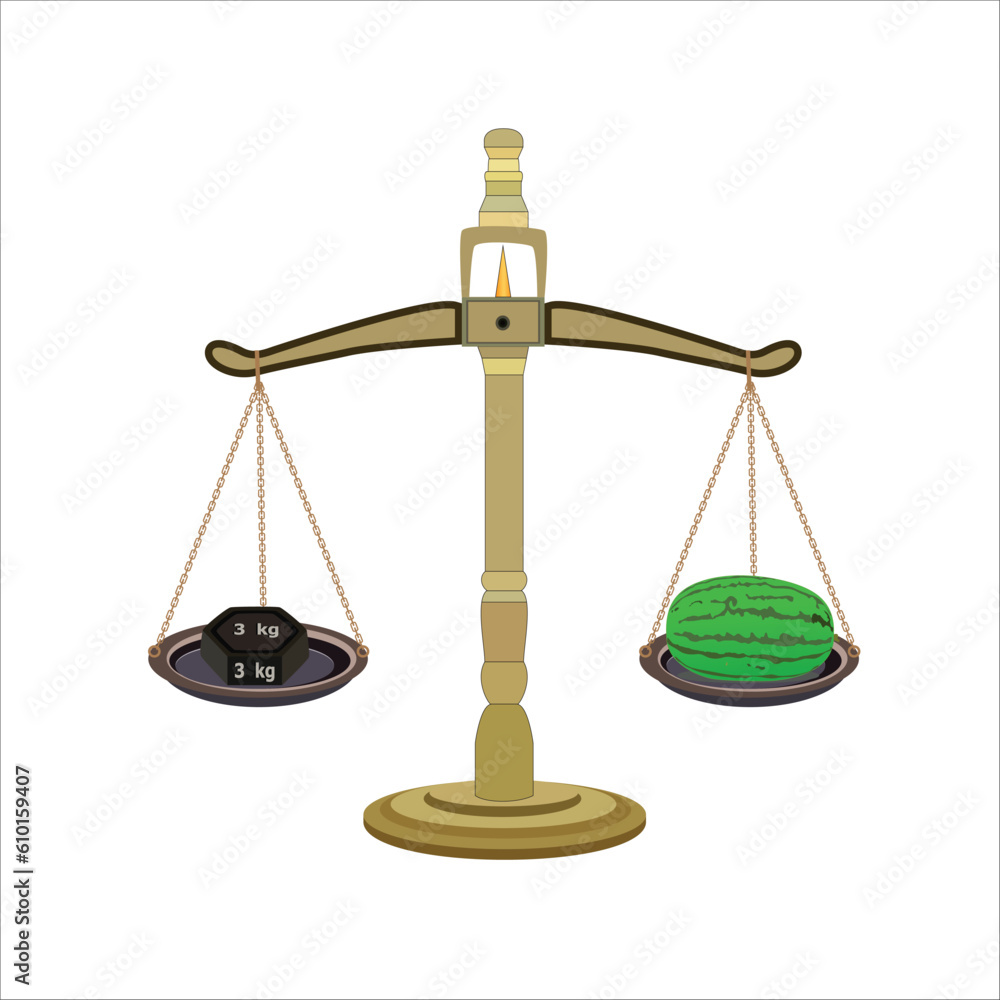 Weight balance scale 3kg weight stone and Watermelon. equal balance measuring. Vector illustration. balance measure symbol icon. isolated on white background. Weight balance scale 3kg weight stone and Watermelon. equal balance measuring. Vector illustration. balance measure symbol icon. isolated on white background.